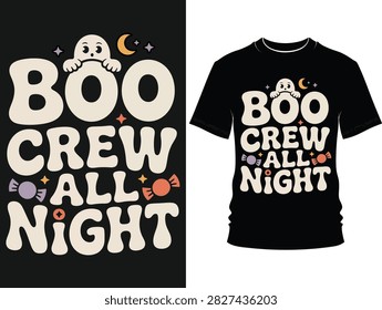 A retrostyle tshirt design featuring a cute ghost with moon stars and candy for Halloween