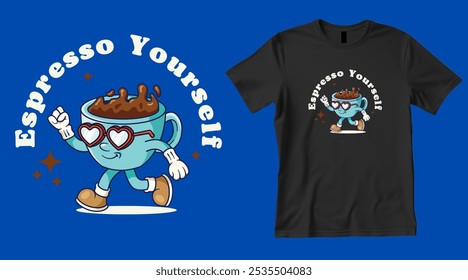 Un diseño de camiseta de estilo retro con la frase "Espresso Yourself" y una ilustración de una taza de espresso bailando con gafas de sol. Perfecto para amantes del café y entusiastas de la moda retro