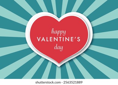 A retro-style Valentine's Day card featuring a large red heart with a white outline. The heart is placed on a teal background with a sunburst pattern. The text "Happy Valentine's Day" is displayed in 