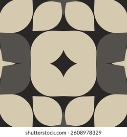A retro-style vector background with bold, organic shapes in beige and black, forming a symmetrical, petal-like pattern.