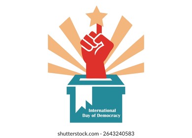 Retro-style vector featuring a raised hand placing a vote in a ballot box, with radiant light rays in the background. Represents empowerment, awakening, and democracy. Isolated on white background.