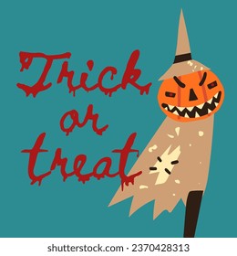 Retro-style vector Halloween greeting card design. Creepy Jack-o-lantern pumpkin strawman, boogey with burning red pupils scary smiles, Trick or Treat dripping bloody text. Poster, art print design.