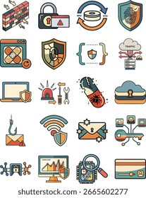 Conjunto de iconos de Vector de estilo retro con temas de ciberseguridad. Incluye escudos, cerraduras, cortafuegos y amenazas digitales, perfectos para diseños de tecnología vintage y conceptos de interfaz segura.
