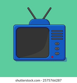 Retro-style vector illustration of a blue vintage television with antennae and buttons, featuring a dark screen, set against a solid green background. Clean and nostalgic design.