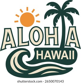 Ilustração de vetor estilo retrô com o texto Aloha Havaí com um sol, palmeira e elementos de onda oceânica. Perfeito para projetos de camisetas, cartazes de verão, marca tropical, mercadorias de férias.
