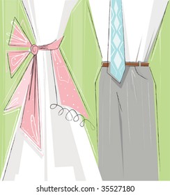 a retro-style vector illustration of a male and female torso- could be parents or grandparents