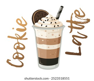 Retro-style vector illustration milkshake in glass cup, topped with whipped cream, a chocolate cookie, and a straw. Creamy layers of milk and coffee blend, delicious-looking beverage