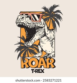 Retro-style vector illustration of a roaring T-Rex wearing sunglasses, set against a tropical background. Bold, fun, and perfect for summer designs.