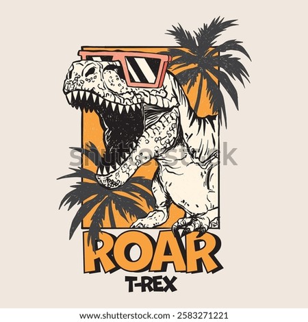 Retro-style vector illustration of a roaring T-Rex wearing sunglasses, set against a tropical background. Bold, fun, and perfect for summer designs.