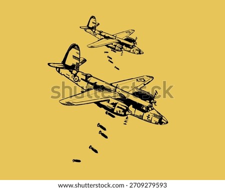 Retro-style vector illustration of a vintage bomber aircraft drop bombs on a yellow background. Perfect for military history themes, World War 2 concepts, aviation poster, retro artwork