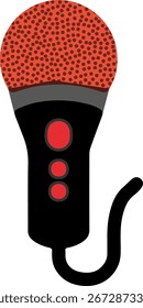 Ilustración vectorial de estilo retro de un micrófono con cable con un Filtrar pop rojo y mango negro, aislado sobre un fondo blanco. Perfecto para música, podcast, karaoke y diseños con temas de entretenimiento.