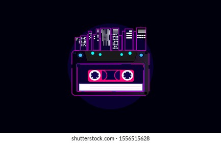 retro-style vector image. Image cassette with the night atmosphere of the 80s metropolitan city. neon purple color dominates.