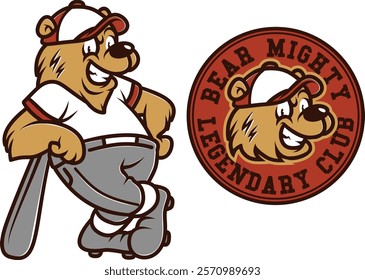 A retro-style vintage bear mascot illustration featuring a baseball theme, ideal for sports club logos, branding, or apparel designs.