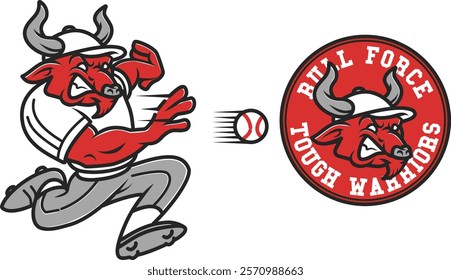A retro-style vintage bull mascot illustration with a baseball theme, perfect for team logos, sporty branding, or apparel merchandise.