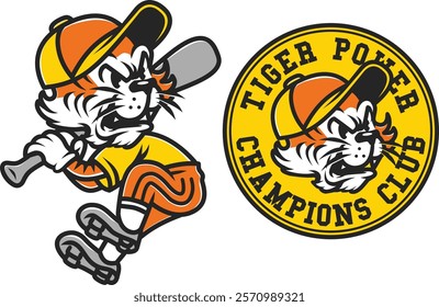 A retro-style vintage tiger mascot illustration with a baseball theme, designed for team branding, sports club logos, or merchandise.