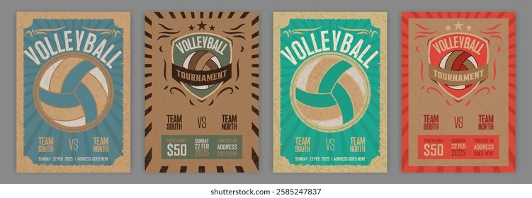 Retro-style Volleyball Tournament flyer template with vintage textures, classic typography, and a distressed volleyball graphic. Fully editable vector design, perfect for nostalgic sports events.