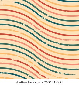 A retro-style wavy striped pattern with a distressed texture. The color palette includes warm beige, red, pink, yellow, and teal. Perfect for backgrounds, wallpapers, textiles, and vintage designs.

