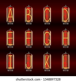 Retro-styled Alphabet set on pixie tube indicator lamps with letters A to L lit up, includes transparency. Vector illustration.
