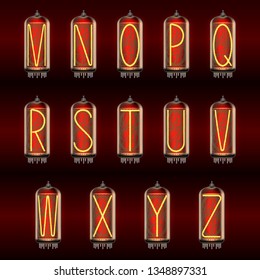 Retro-styled Alphabet set on pixie tube indicator lamps with letters M to Z lit up, includes transparency. Vector illustration.