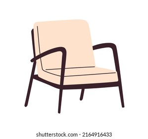 Retro-styled armchair design with wood base and upholstered seat. Trendy mid-century 60s lounge arm chair furniture for living room. Colored flat vector illustration isolated on white background