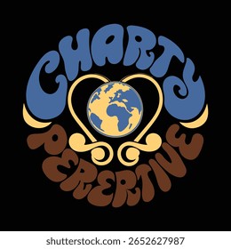 A retro-styled design features the words "Charity Recreative" encircling an earth globe held within a heart shape.