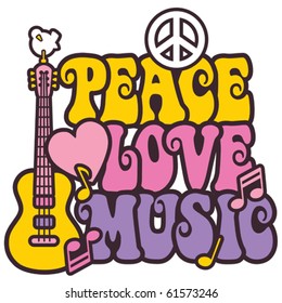 Retro-styled design of Peace, Love and Music with a dove, peace symbol, heart, musical notes and guitar.