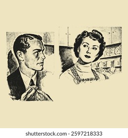 A retro-styled engraving of a man and woman looking at each other, appearing to be in a domestic or relationship conversation.