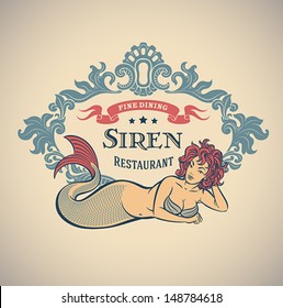 Retro-styled fine dining restaurant label including the image of a mermaid. Editable vector.