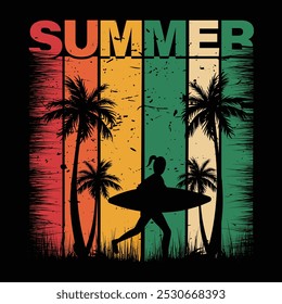 A retro-styled graphic of a surfer silhouette walking through palm trees, set against a distressed, colorful background.