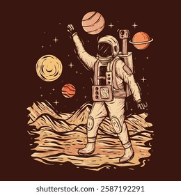 A retro-styled illustration depicts an astronaut walking on a desolate alien planet, surrounded by stars and planets.
