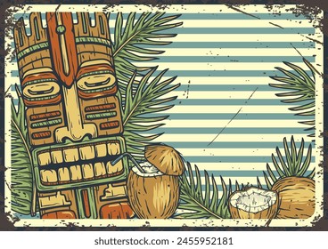 Retro-styled illustration featuring a colorful tiki mask, set against a backdrop of palm leaves with surfboards, ideal for beach-themed decor or surfing event promotions. Text space.