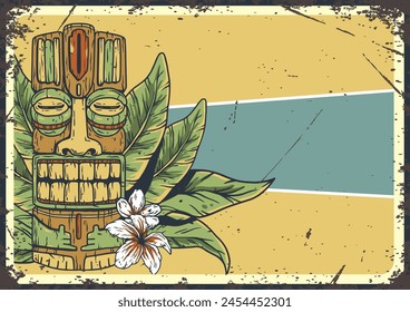 Retro-styled illustration featuring a tiki mask with tropical leaves and a surfboard, evoking the spirit of vintage beach culture and surfing enthusiasm on a textured background. Text space.