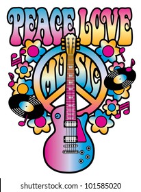 Retro-styled illustration of a guitar and peace symbol with the words Peace Love Music. Type style is my own design. Elements are grouped and on separate layers for easy editing.