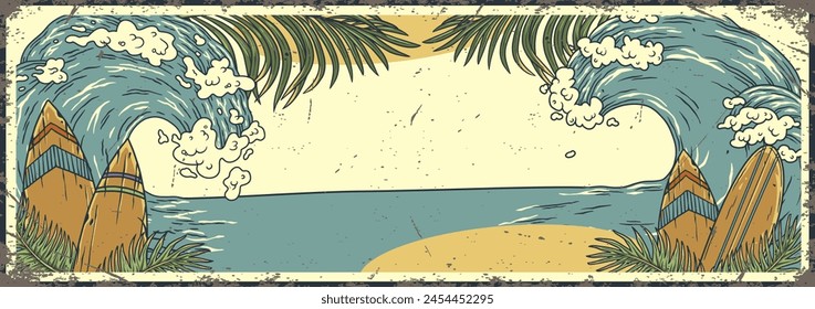 Retro-styled illustration of a serene beach scene with surfboards flanked by curling waves, capturing the essence of the surfing lifestyle in a tropical paradise setting. Text space.