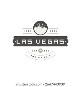 Retro-styled Las Vegas emblem.  Dark gray and light gray silhouette of the Las Vegas skyline in a circular shape.  Text "Las Vegas" in bold, stylized, light gray letters.  Subtle design elements