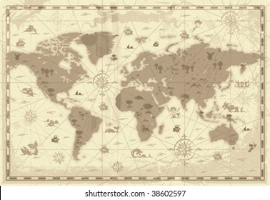 Retro-styled map of the World with mountains and fantasy monsters. Colored in sepia. Vector illustration. svg