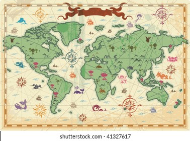 Retro-styled map of the World with trees, volcano, mountains and fantasy monsters. Vector illustration. svg