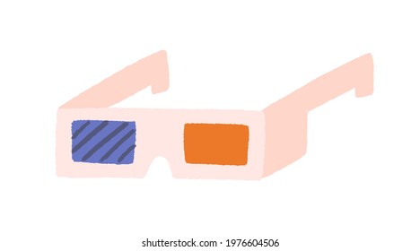 Retro-styled paper 3d glasses for movies. Cinema anaglyph spectacles with red and blue lenses. Vintage film eyewear with stereo filters. Colored flat vector illustration isolated on white background