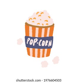 Retro-styled popcorn bucket. Full pop-corn paper box for movies and cinemas. Snack for film. Colored flat vector illustration of fast food isolated on white background