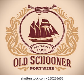 Retro-styled port wine label including the image of a sailboat. Editable vector illustration.