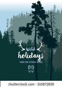 Retro-styled poster with coniferous forest landscape