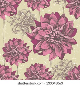 Retro-styled seamless pattern with hand drawn dahlia flowers