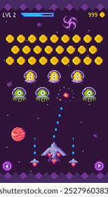 Retro-styled spacecraft battles alien enemies amidst a cosmic backdrop. Player-controlled spaceship shoots projectiles at rows of enemies, with planets and stars in background. Ideal for gaming