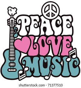 Retro-styled text design of a guitar, peace symbol and dove with the words Peace, Love and Music. Type style is my own design.