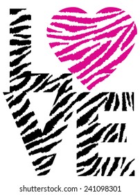 Retro-styled text design of LOVE with a heart in an animal pattern.