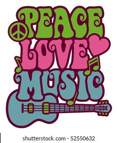 Retro-styled text design of Peace, Love and Music with a peace symbol, heart, musical notes and guitar.