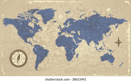 Retro-styled World map with compass and wind-rose. Vector illustration.