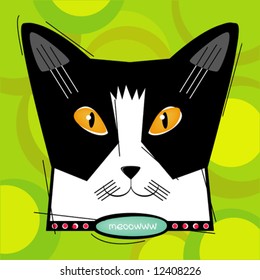 Retro-stylized cat face on a colorful background