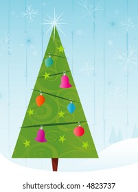 Retro-stylized Christmas Tree with Winter Background. Flexible, easy-edit file