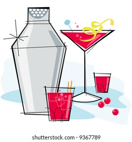 Retro-stylized cocktail spot illustration: Cosmopolitan with a lemon twist